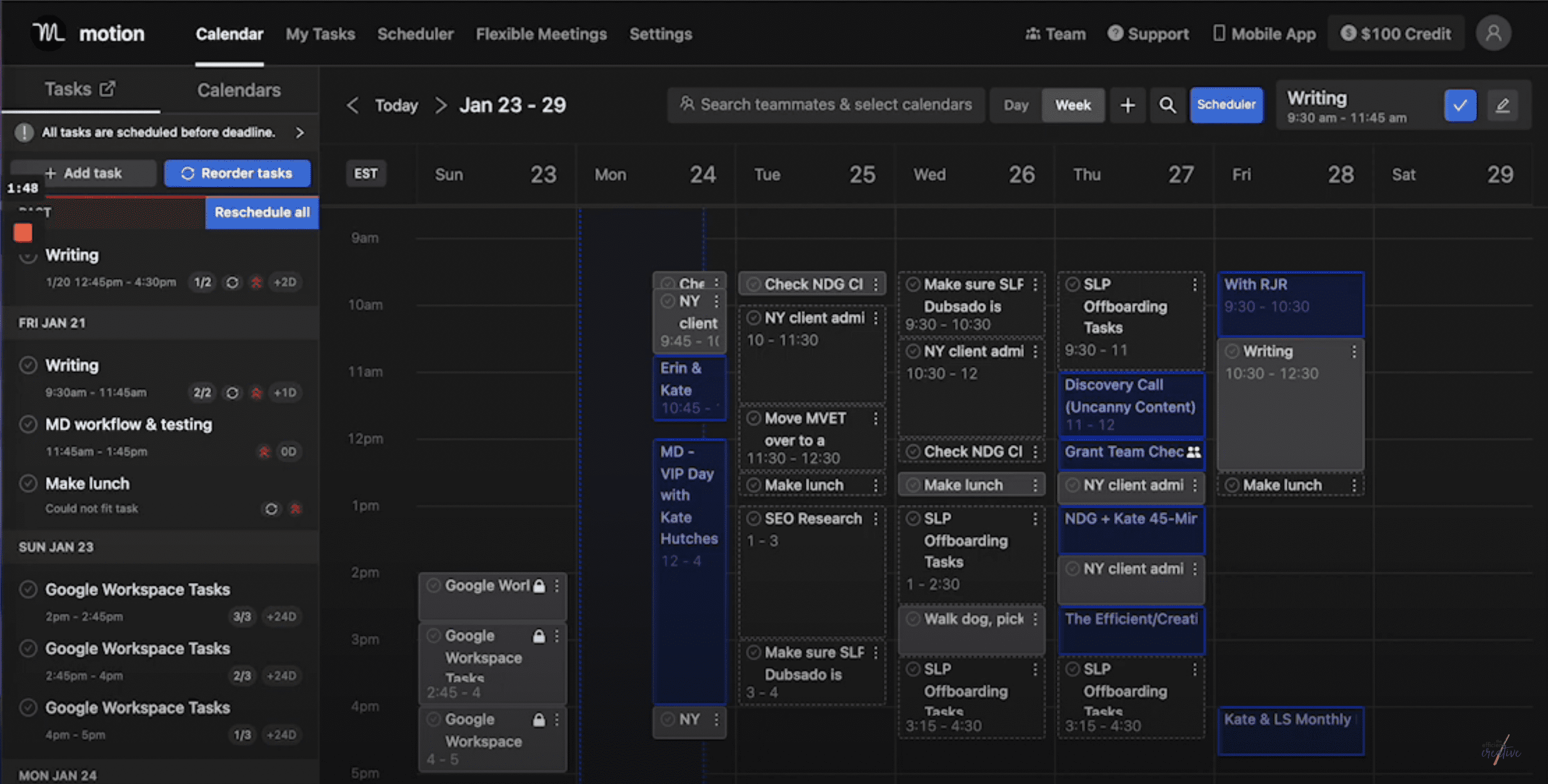 view of my motion app calendar with tasks and meetings scheduled