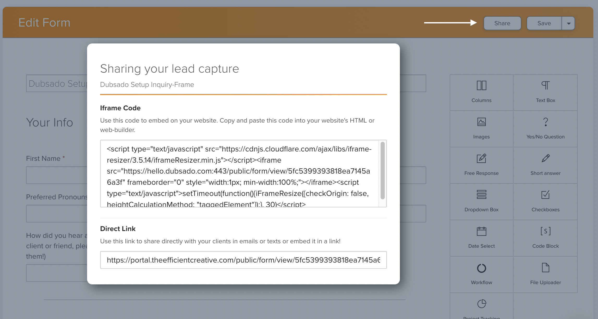 Sharing lead capture form to your website from Dubsado