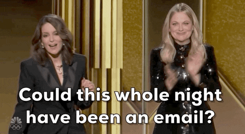 Gif of awards show presenter asking Could this whole night have been an email?